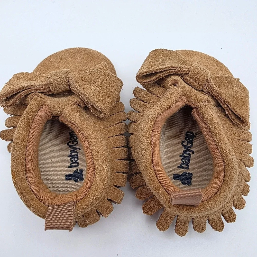 Baby Gap Brown‎ Faux Suede Fringe Bow Moccasin Soft Sole Shoes Baby Girls 2